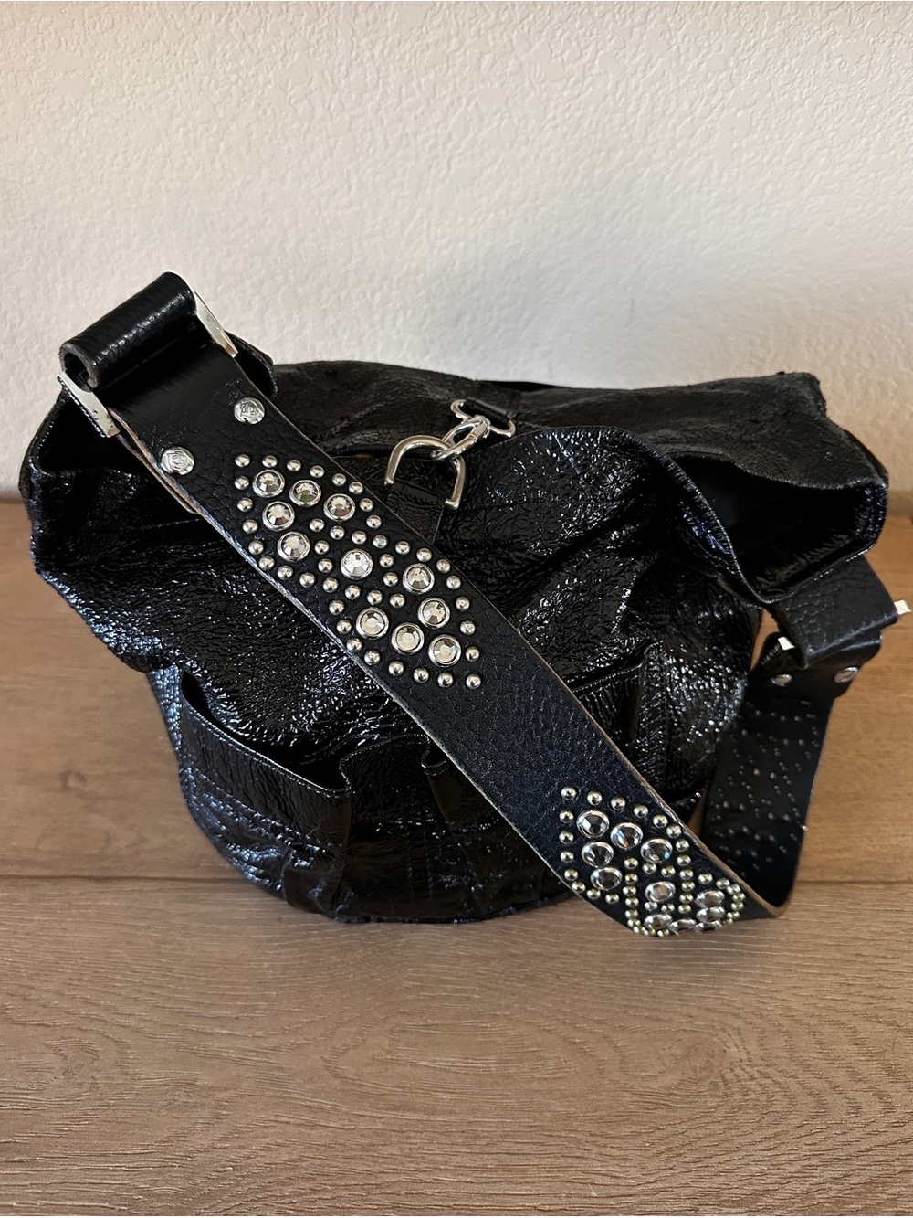 TYLIE MALIBU Patent Leather Bag with Rhinestone Strap
